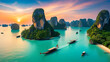 © Steven - Sunset beautiful landscape of nature Thailand, Long tail boat with tourist on Hong tropical island and Phang Nga bay in turquoise sea, aerial view