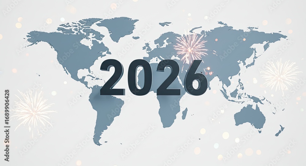 Global New Year 2026 Fireworks Illuminate World Map Stock Photo 1000 F 1689906428 