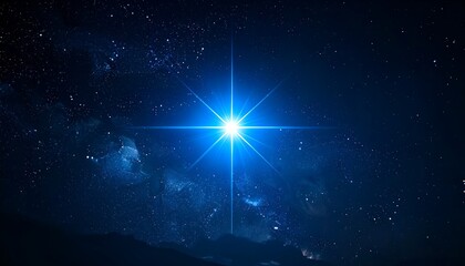 A bright, radiant blue star shines against a dark, starry sky, subtly illuminating hazy galactic clouds and distant mountain silhouettes
