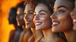 © du - Close-up side view of diverse young women standing in a row smiling happily with warm orange background lighting