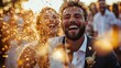 © mobile - Joyful couple at a celebration covered in golden confetti with bright smiles and laughter surrounded by a festive crowd