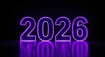 Wall Mural - Glowing 2026 Neon Sign: Futuristic Purple Light and Reflection.