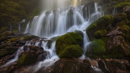  A serene waterfall cascading over mossy rocks in a lush forest, a breathtaking view of nature's raw beauty.