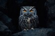 © Khusi - Close-up of a fierce owl with piercing orange eyes perched on dark rocky surface in shadowy environment