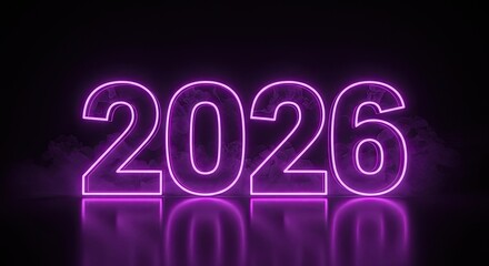 Wall Mural - Glowing Neon 2026: Futuristic Purple Light on Reflective Surface