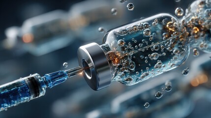 Illustration of a syringe filled with blue fluid applied to the spine, showing vertebrae with surrounding small bubbles representing aqueous cells, isolated on white background for clarity