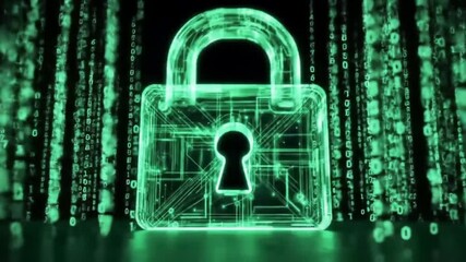 A glowing digital padlock surrounded by cascading binary code in a futuristic cyber environment