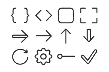 Programming code outline icon set. Web development, app design thin line symbols. Vector ui ux interface elements. Arrow, settings, refresh, check mark, focus bracket signs.