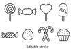 © Valerie - Candy and sweets thin line icon collection. Editable stroke vector illustration set. Minimalist outline symbols for dessert, lollipop, cupcake, candy cane, and popsicle design.