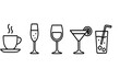 © Sanda - Drink and beverage line icon set. Coffee, champagne, wine, cocktail, soft drink outline symbols. Vector graphic for bar menu, cafe, restaurant. Simple linear pictogram collection.