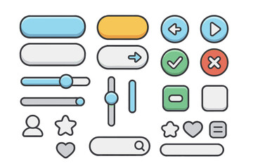 UI UX kit with cartoon GUI elements. Vector collection of web design and mobile app interface components. Buttons, sliders, search bar, and icons for website development project.