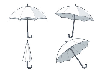 White umbrella displayed from multiple angles in a bright minimalist setting, vector cartoon illustration with transparent background, detailed ordered set for graphic design and stock use