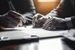 © alu - Two individuals in formal attire signing documents together with pens at a desk under warm lighting