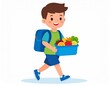 © ZaynR - Happy boy with backpack carries basket of fresh produce, promoting healthy eating and active living