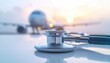 © Lumen - A stethoscope lies against a blurred airplane taking off at sunrise/sunset, suggesting travel health or medical concerns while flying