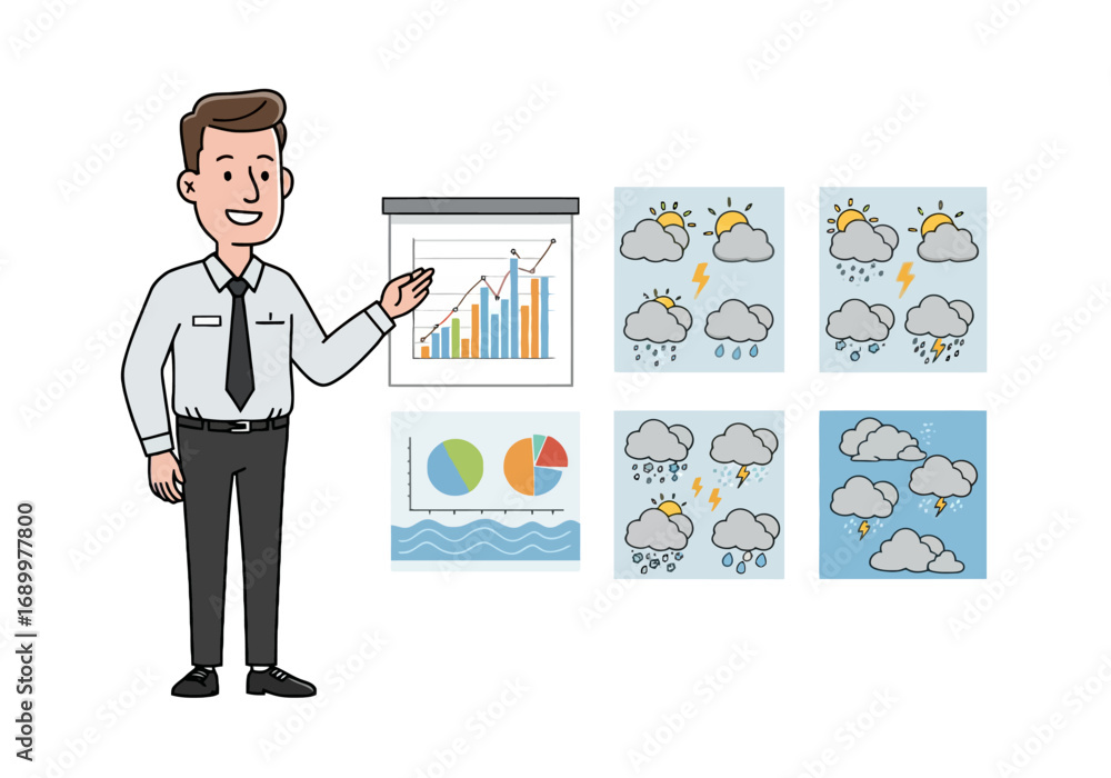 Cartoon Man Presenting Charts and Weather Icons on White Background ...
