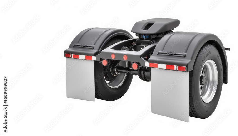 Rear view of truck chassis with dual wheels and mud flaps Stock Photo ...