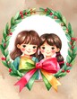 © Barokah - Two cheerful girls in a festive wreath illustration
