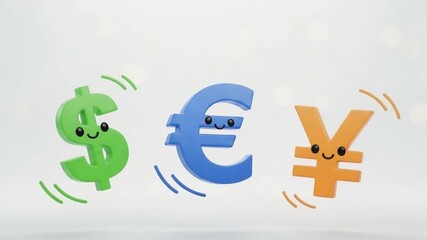 Animated Currency Characters: Dollar, Euro, Yen Dancing Cheerfully