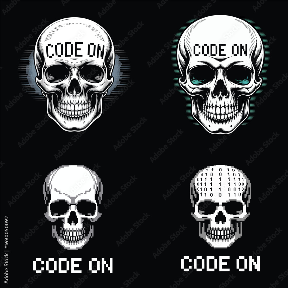 Skulls with code and binary text binary code pixel art Stock Vector ...