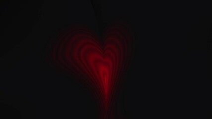 Wall Mural - Red fractal neon glowing heart shape flowing on black background. Love, wedding copy space simple backdrop