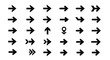 © DivaCK - A diverse collection of thirty black arrow icons and symbols arranged in a grid on a white background.