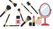 © faried ailesh - Modern vector illustration of cosmetic items, makeup brushes, lipstick, perfume and mirror