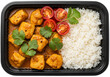 © Zahid - Delicious indian curry with paneer and basmati rice served in takeout container overhead shot transparent background
