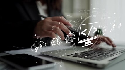 Modern web development concept featuring coding symbols, web development process, web development interface, and web development tools with futuristic design. Muxer