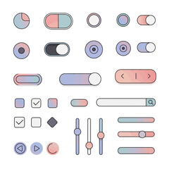 Vector set of modern UI buttons & web elements. Minimalist design with soft gradients. Modular shapes, clean white background