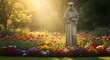 © Fdl Studio99 - A serene garden scene featuring a statue of a saint amidst colorful flowers and sunlight.