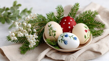 Wall Mural - easter eggs decorated with floral patterns lying in bowl near fir branches and small white flowers