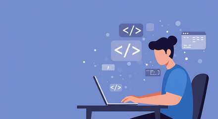 Modern flat design illustration of a focused programmer creating software code on a laptop computer, surrounded by digital symbols, representing web development and technological progress