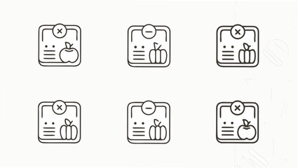 Wall Mural - Illustration of six square icons each containing a fruit or vegetable and lines representing text data