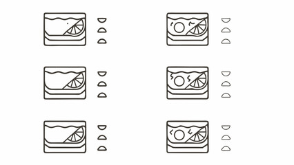 Wall Mural - Six outlined drinks with citrus slices and small curved shapes arranged in a grid pattern design
