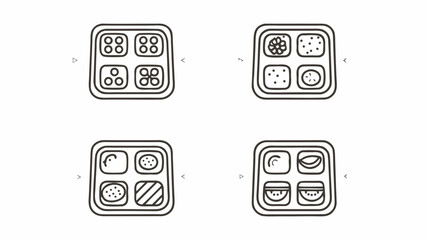 Wall Mural - Illustration of four square bento boxes with different food arrangements in a line art style design