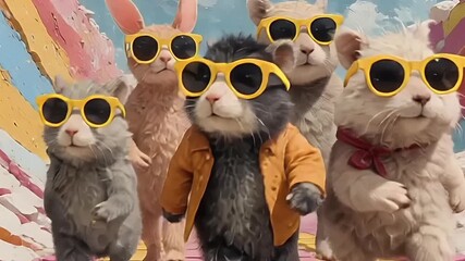 a group of adorable animal's wear sunglasses walking in the street