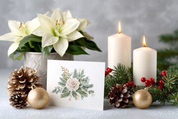 Wall Mural - christmas card mockup showing white poinsettia, candles and pine cones