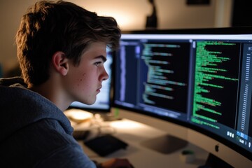 A young programmer intently focuses on lines of code displayed across two large computer screens.