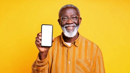 Adult man with grey beard holding smartphone with blank white screen on yellow background. African man with glasses smiling warmly