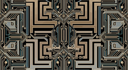 Futuristic digital art illustration of a complex microchip motherboard with detailed and symmetrical electronic pathways