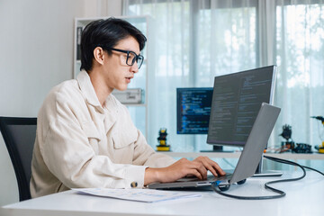 Developer software programmer computer coding screen working technology engineering monitor at modern workspace