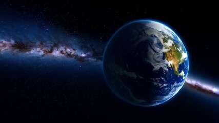Rotating Earth, spinning globe in deep outer space, planets in starry universe with blue milky way galaxy, cosmic wallpaper background.
