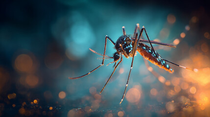 Extreme close up of a mosquito with a blurred blue and orange bokeh light background