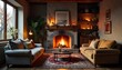 © Pat - Cozy living room interior with fireplace, comfortable sofa, and warm lighting, creating a relaxing atmosphere  Perfect for autumn or winter settings ,  interior,  wood