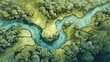 © artestdrawing - Watercolor aerial view displays winding river meanders through the green, dense forest canopy.