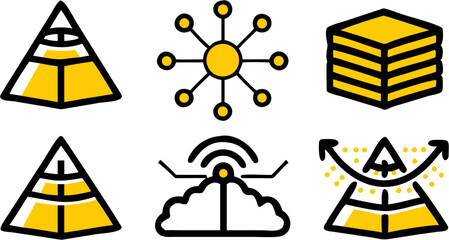 Set of abstract yellow geometric icons representing concepts like pyramid structure network hub layers cloud connection and growth with arrows showing progress