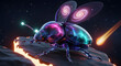 © MARS - A fantastical cosmic beetle with galaxypatterned wings rests on a rocky surface against a starry night sky with a meteor streaking by