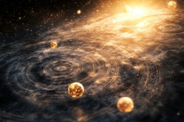 Wall Mural - Cosmic arrangement of planets orbiting a radiant star amidst swirling interstellar dust