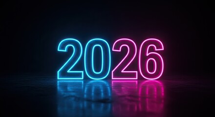 Wall Mural - Neon 2026: Futuristic Glowing Numbers on Reflective Surface, Dark Background.